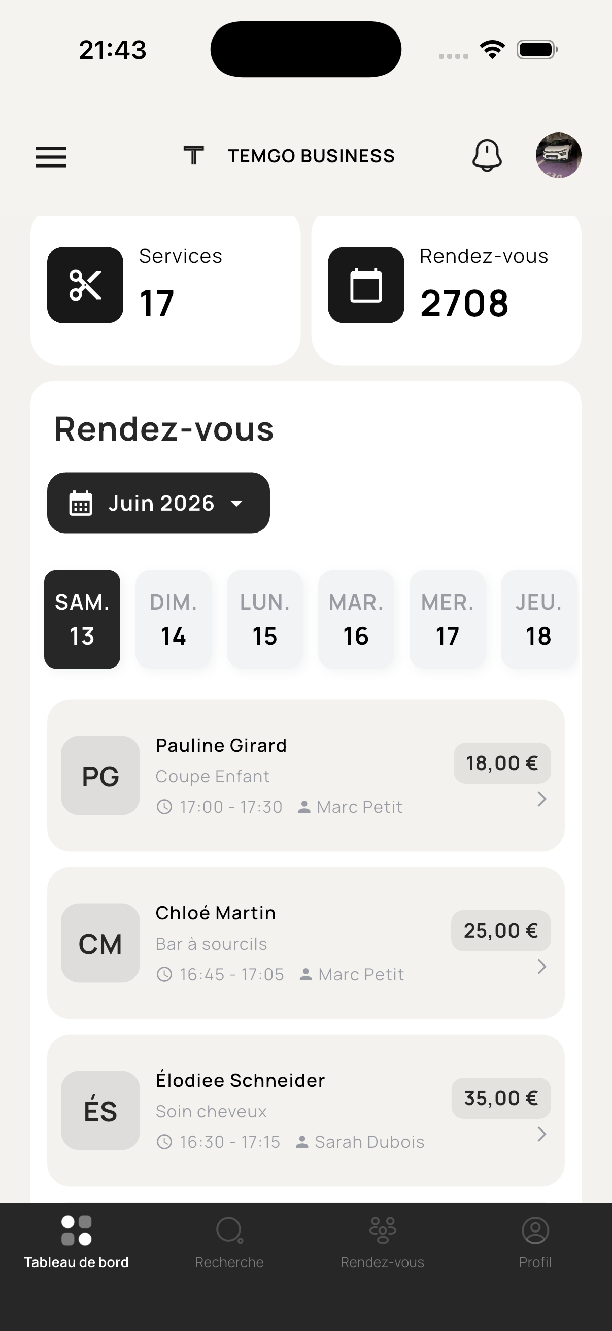 Tableau de bord mobile Temgo Business