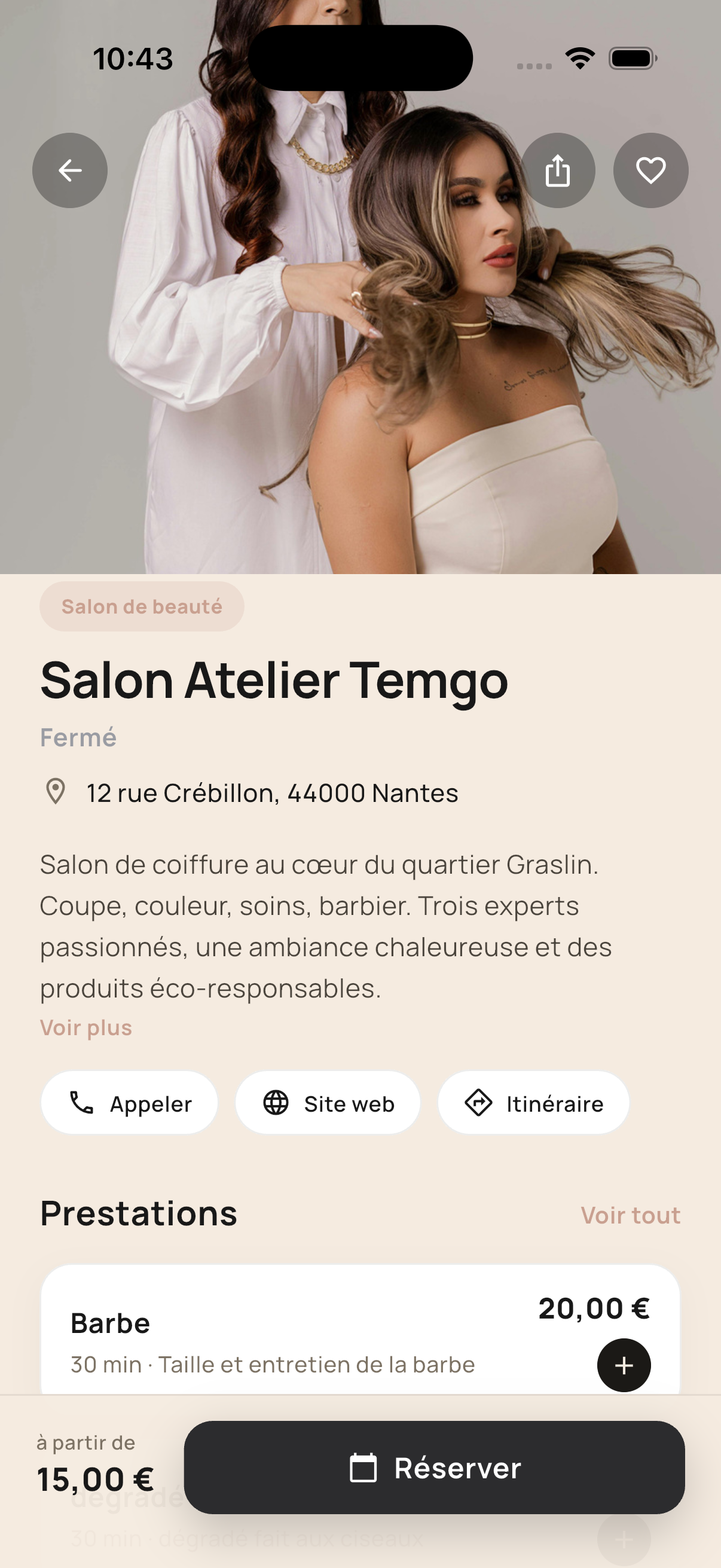 Fiche d'un salon de beauté dans l'app Temgo