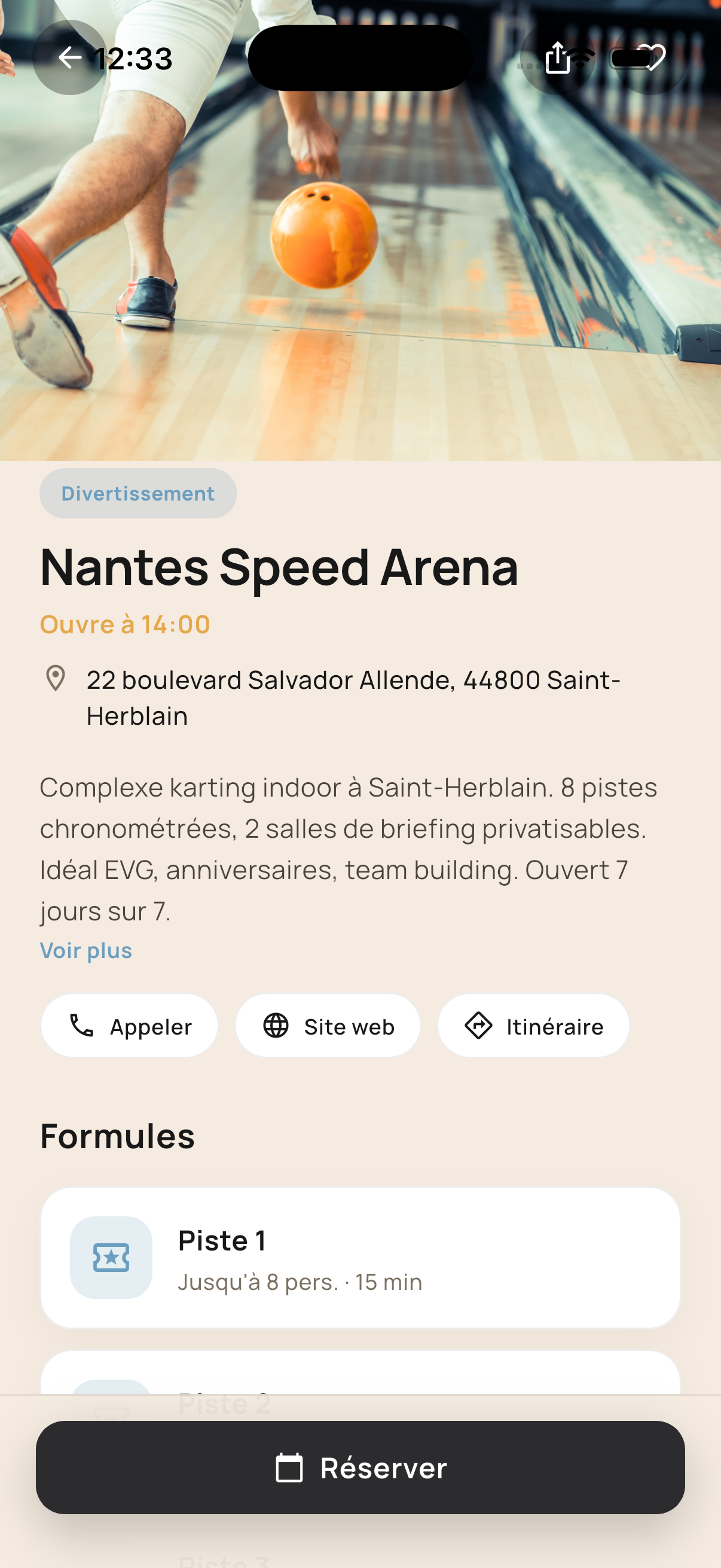 Fiche d'une activité de loisirs dans l'app Temgo