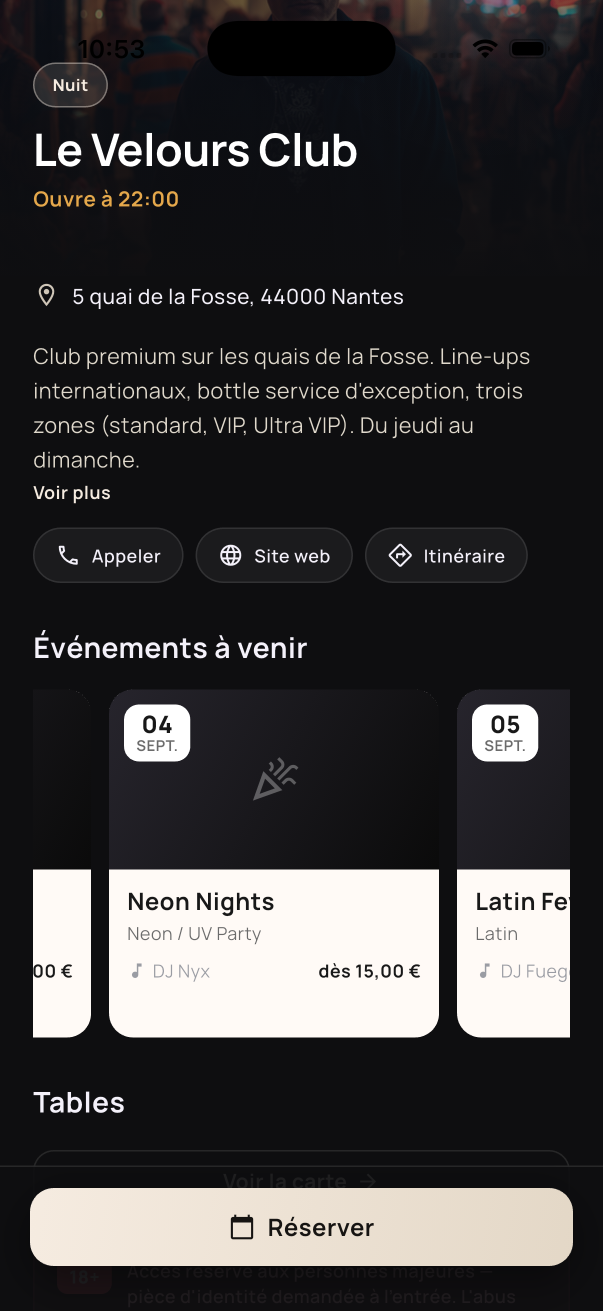Fiche d'une soirée dans l'app Temgo