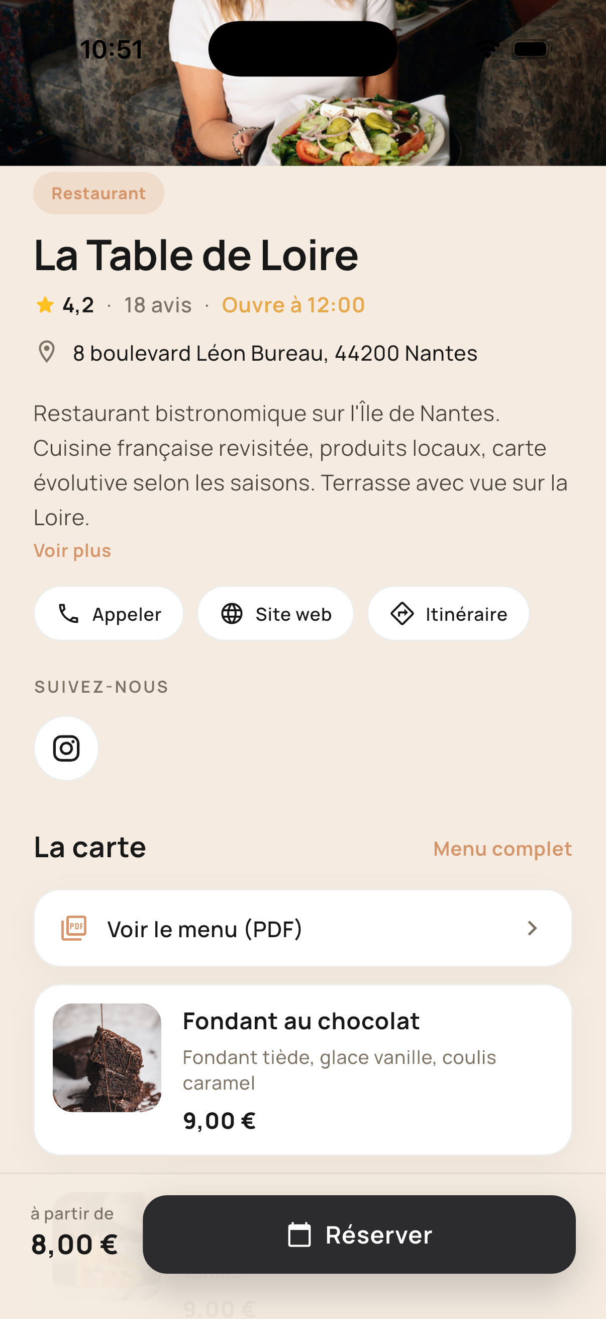 Fiche d'un restaurant dans l'app Temgo
