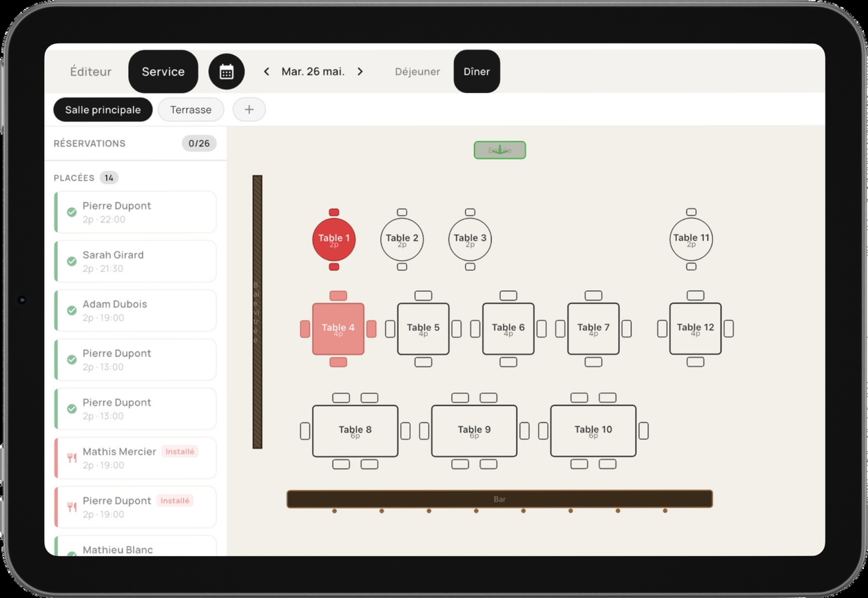 Plan de salle restaurant sur tablette